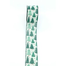 2.5 Inch Ivory Wired Christmas Ribbon, Green Pine Tree Design And Green Edges, 25’/Spool (Lot of 1 Spool) SALE ITEM